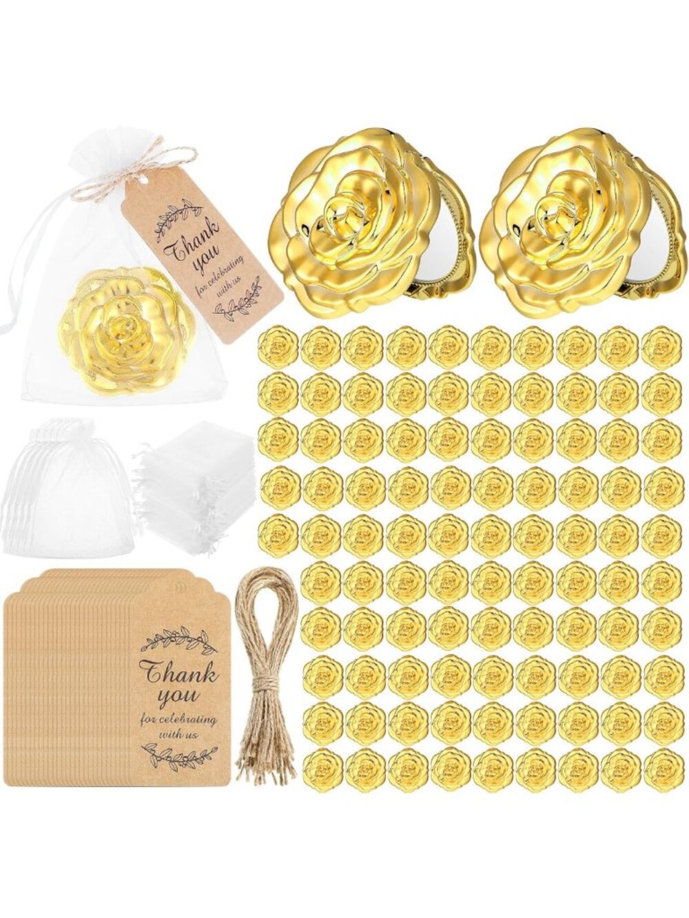 Rose Compact Mirrors Set for Quinceanera & Wedding Favors - Includes Tags & Bags